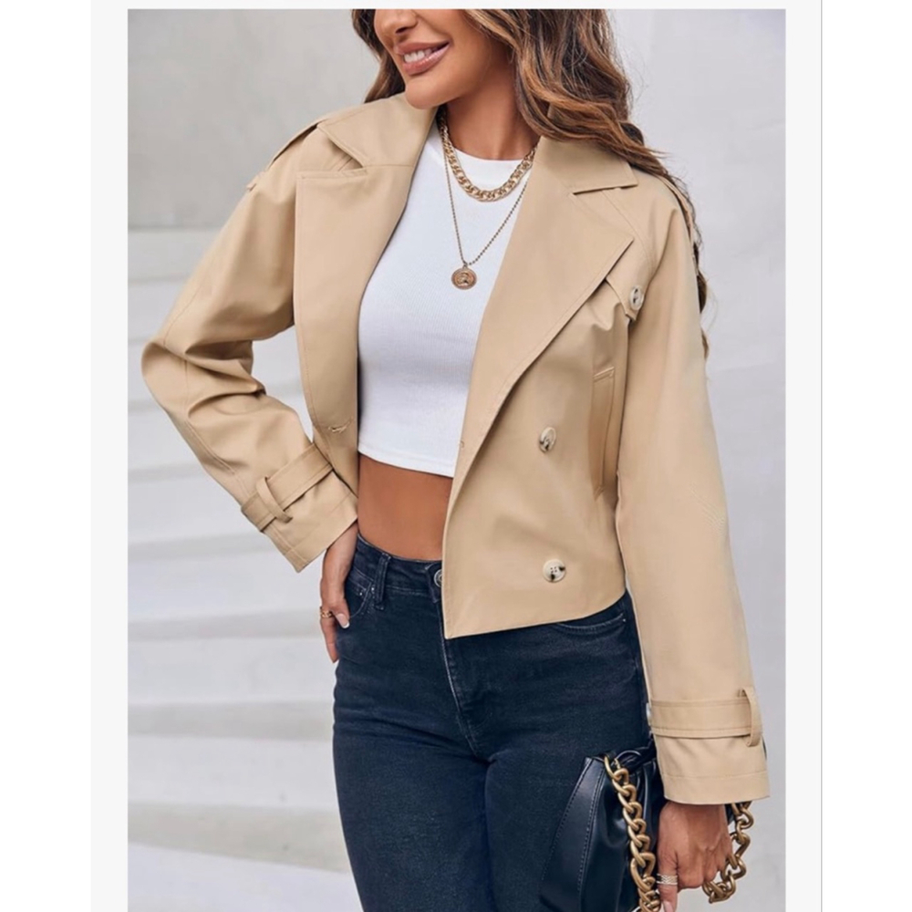 Beige Double-Breasted Cropped Trench Coat - Women - Picture 6 of 6